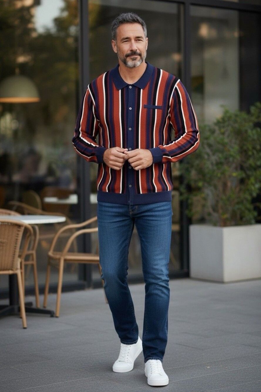 Paul Jones Men's Polo Shirt Long Sleeve Collared Striped Blue/Orange Size 2XL